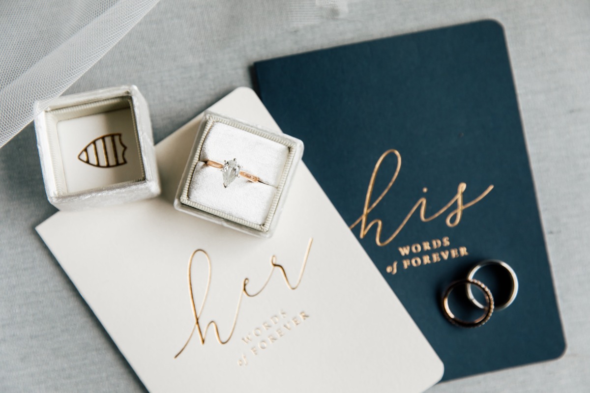 his and her wedding vow flat lay books