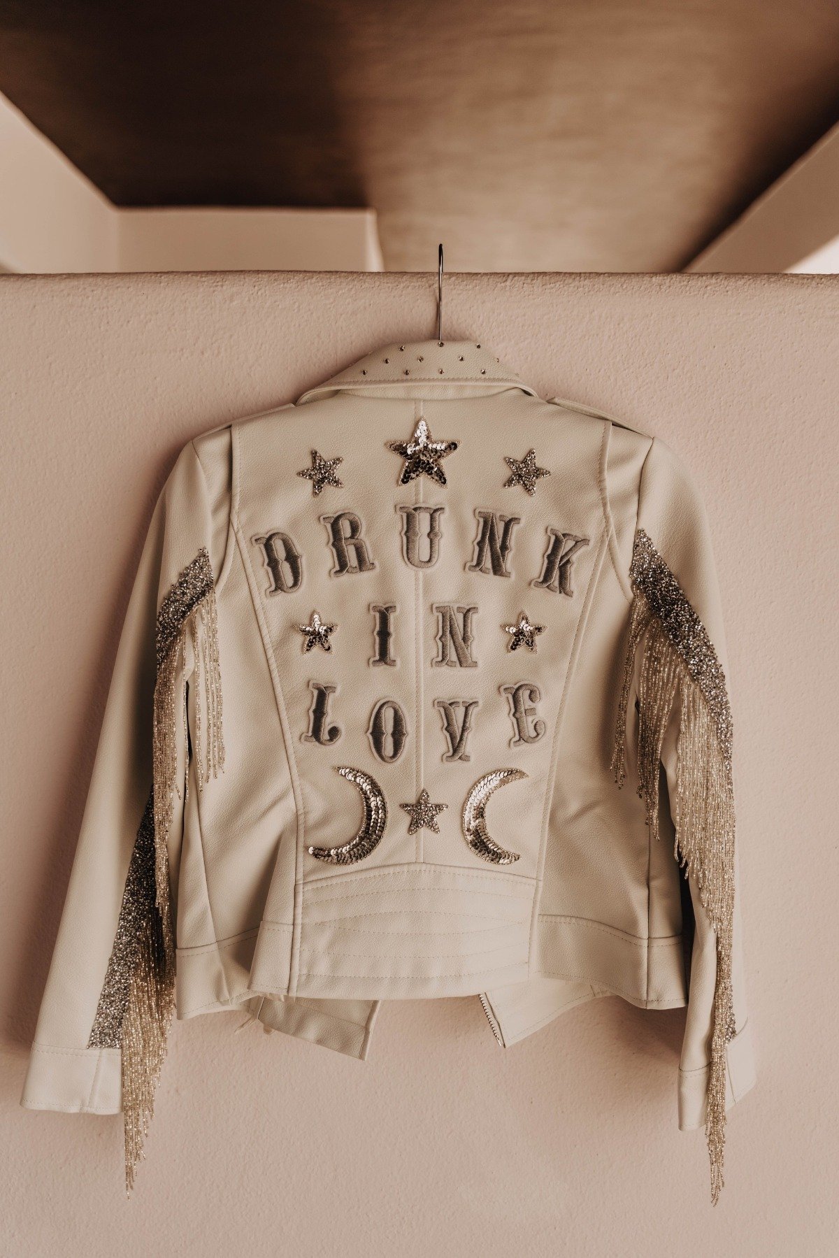 Drunk in Love wedding jacket with silver fringe by Ally Jacqueline