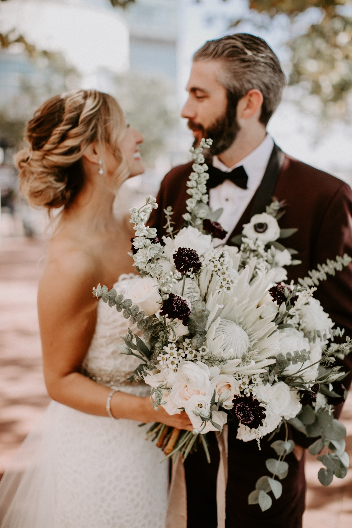 white and green Protea wedding bouquet