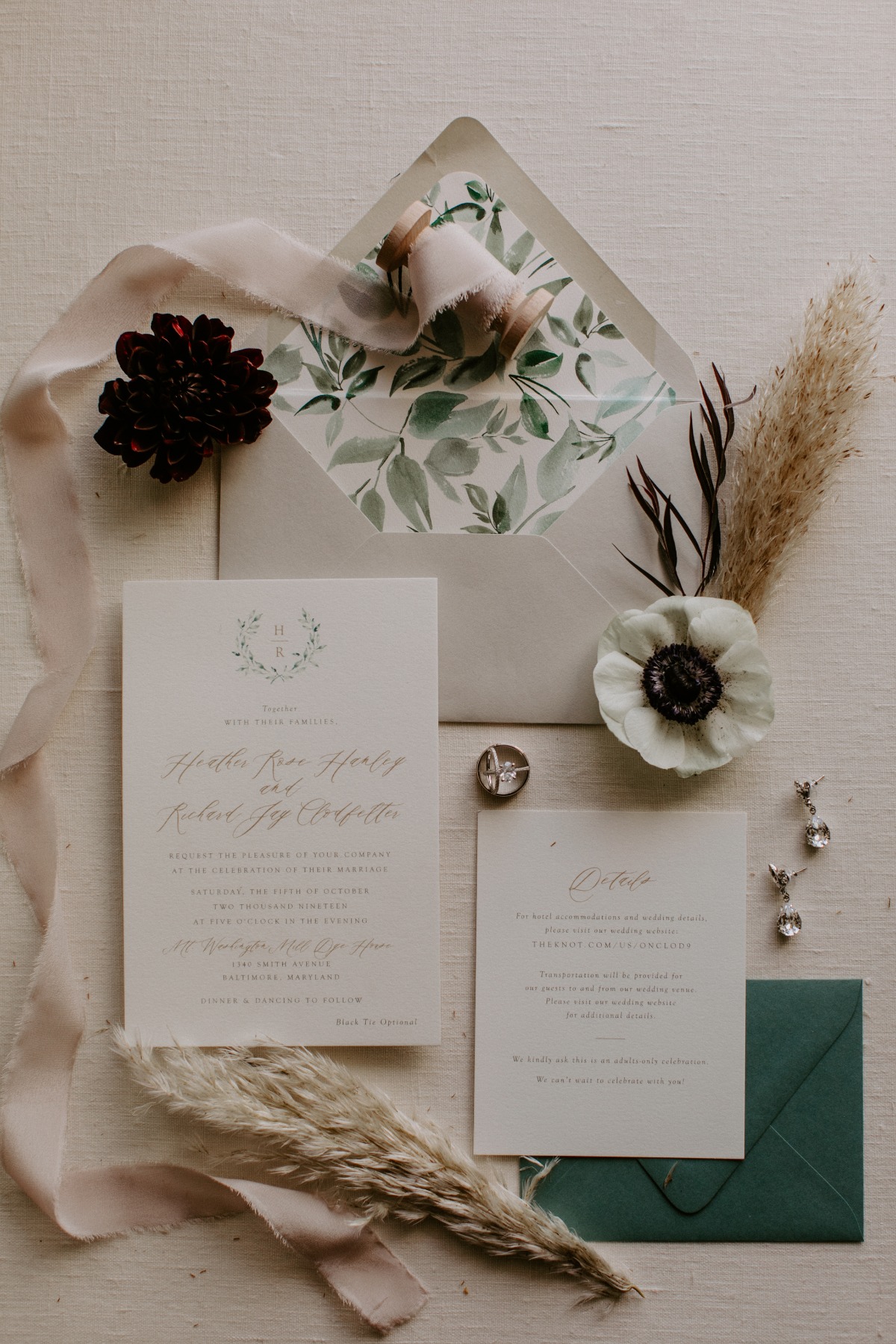 white and green wedding stationer