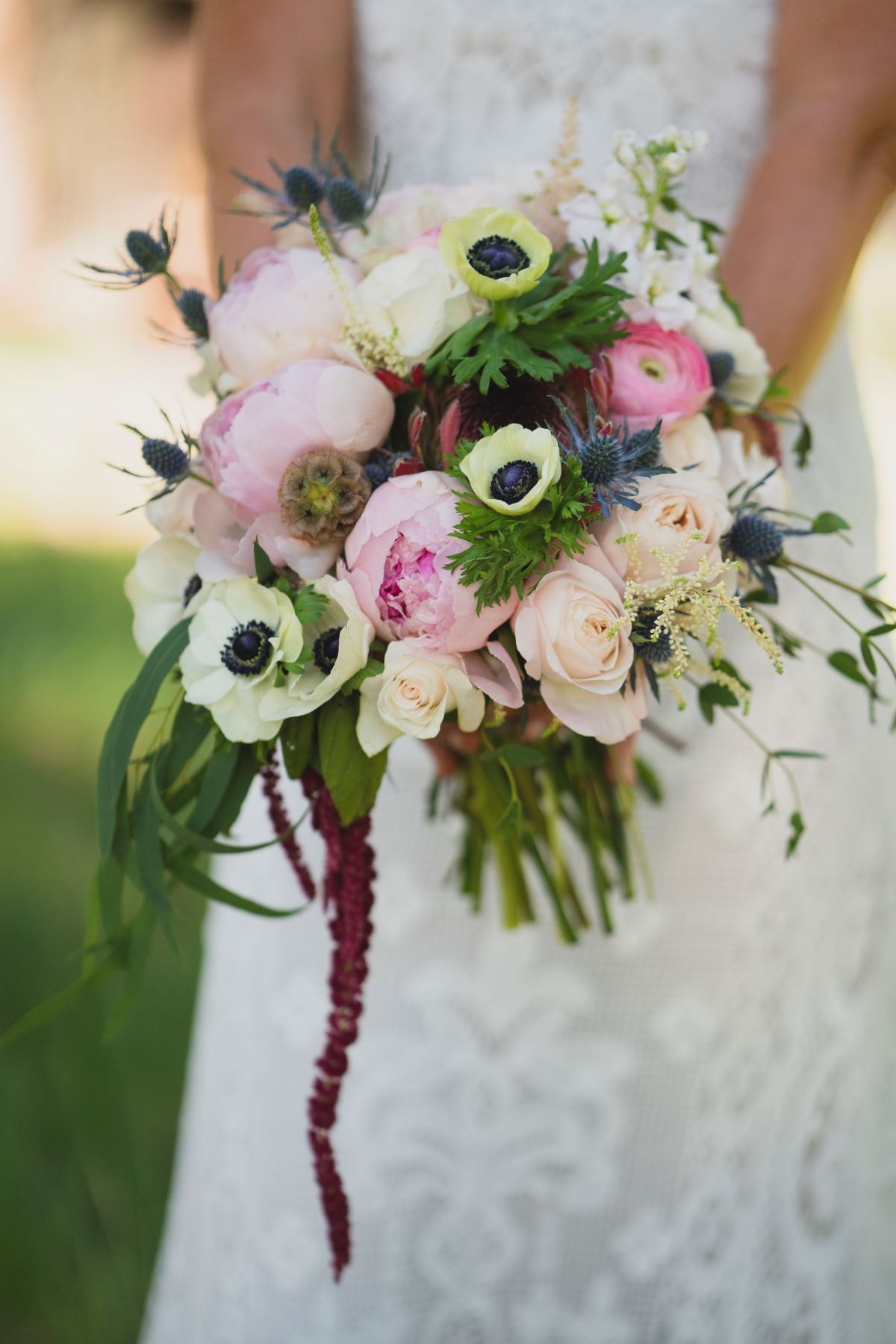 anemone and peony wedding bouquet