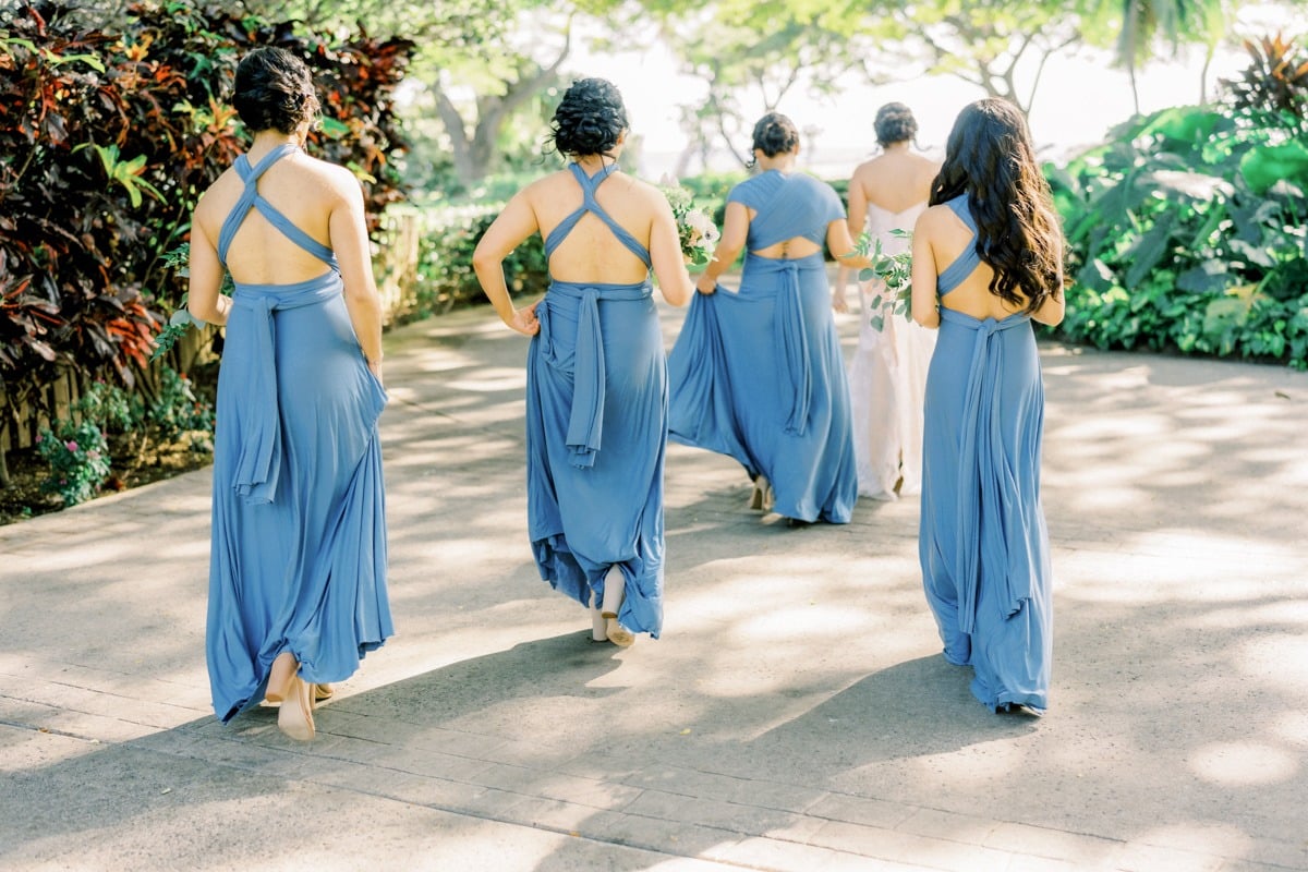 blue wrap around bridesmaid dresses