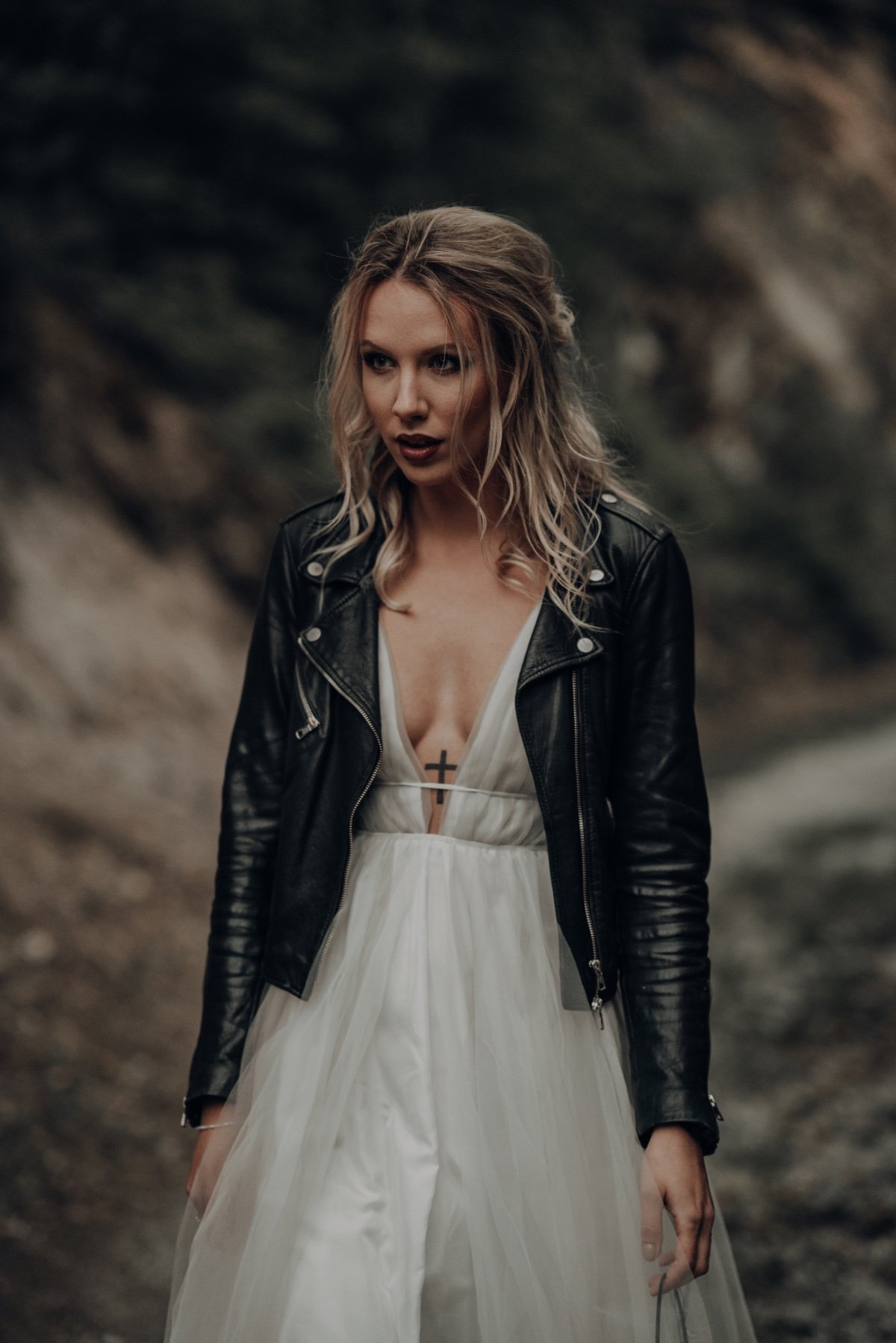bridal dress paired with leather jacket