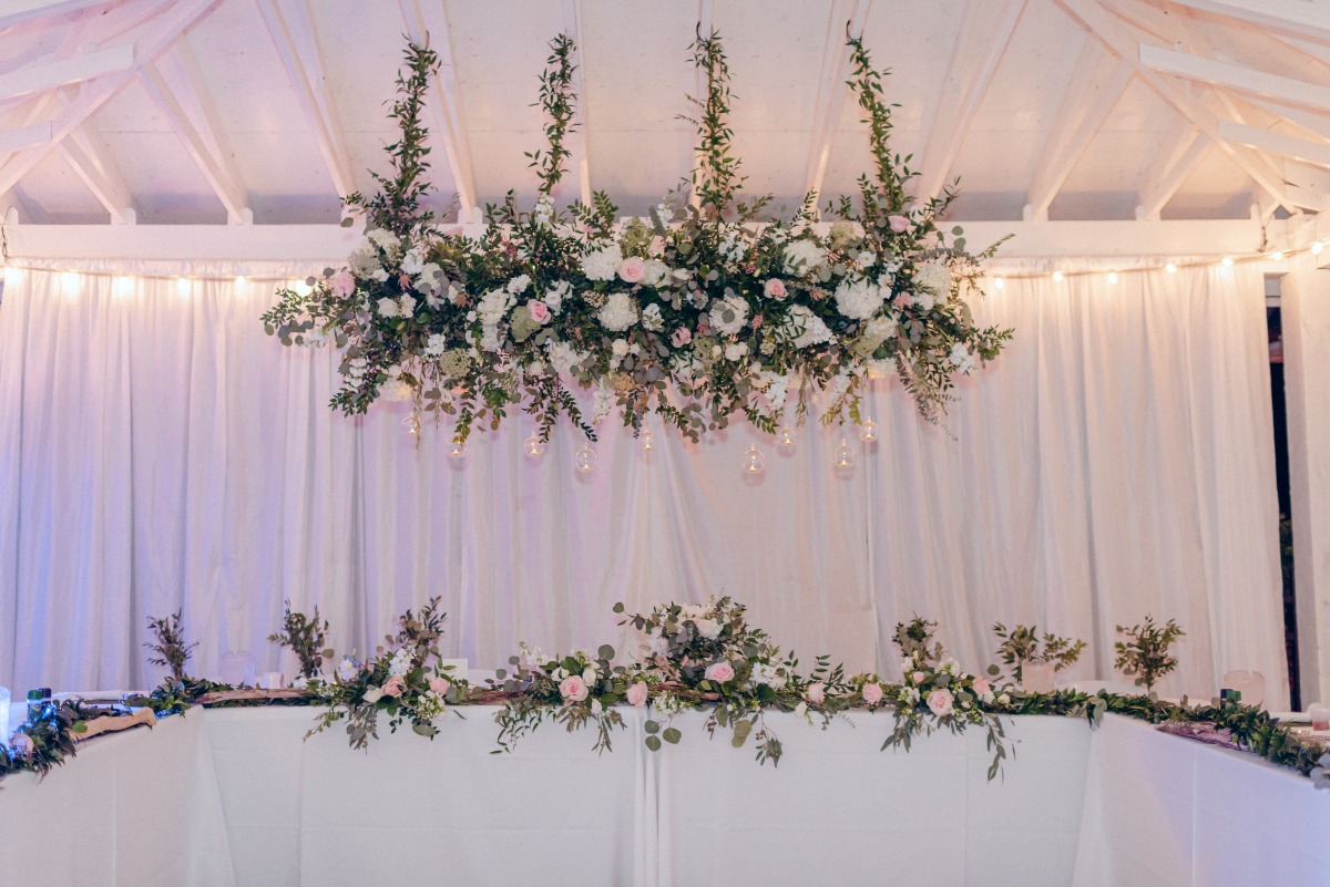 hanging floral arrangement and reception