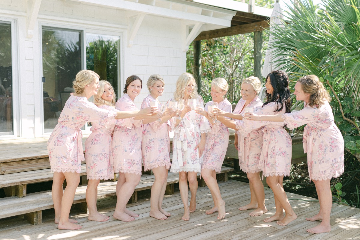 light pink with lace trim bridesmaid robes