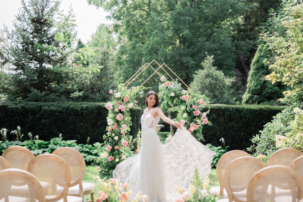 Geometric Orchard Wedding with Pink and Orange Flowers