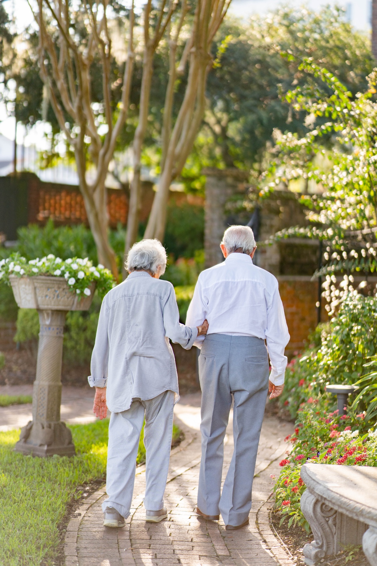 Elderly couple stroll hand in hand in a lush garden