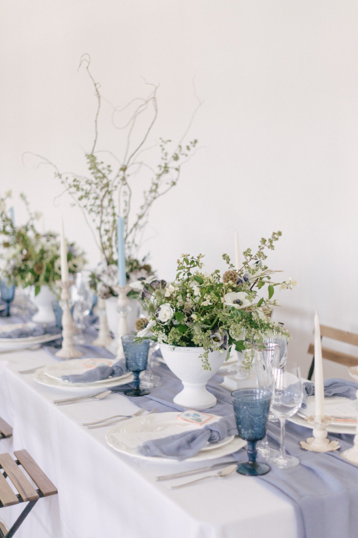 white, blue and green wedding decor
