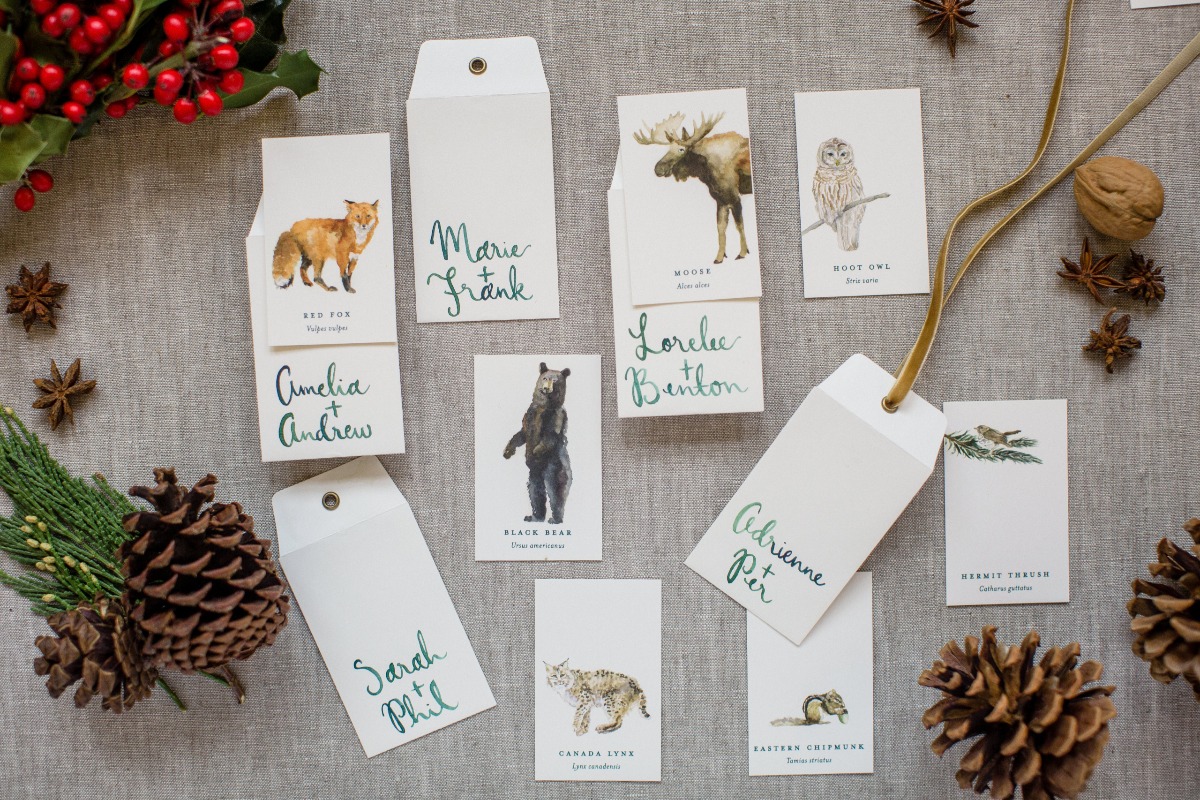 Rustic wedding place cards with animal illustrations and names