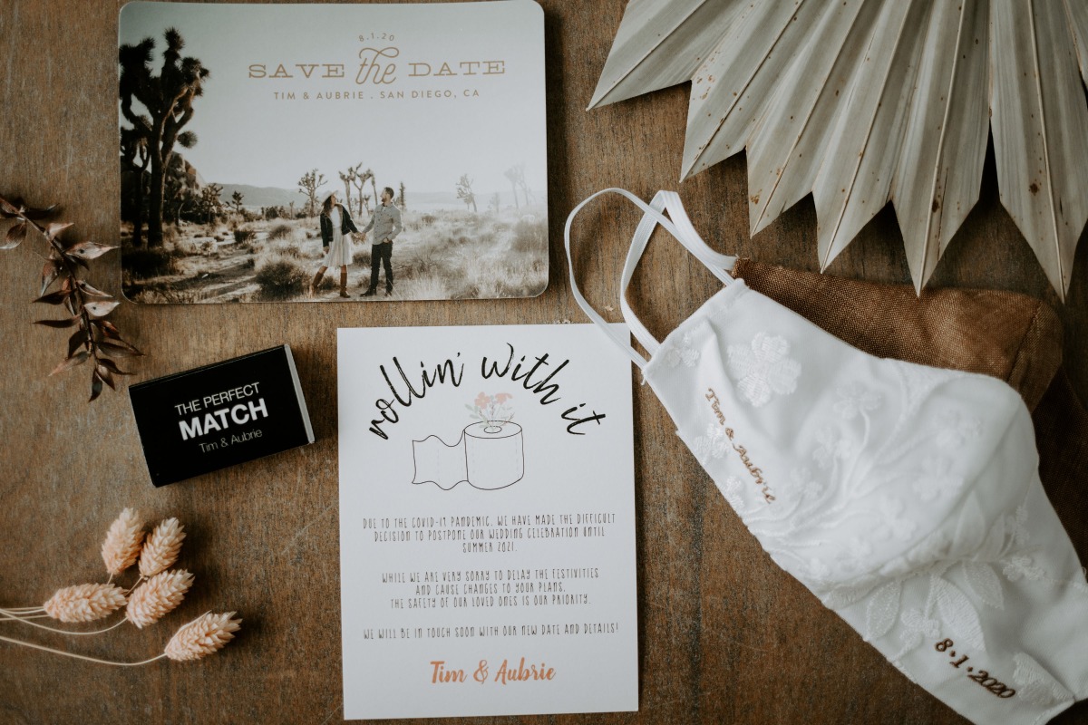 Postponed wedding invite face mask and save date card