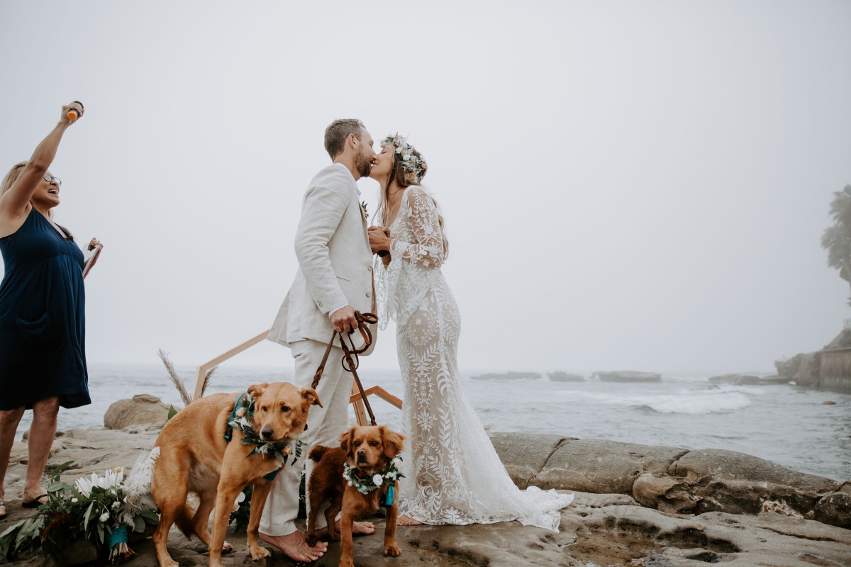 Beach wedding couple kissing, dogs in floral collars