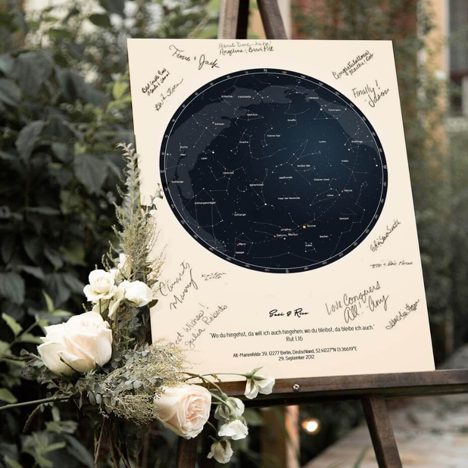 Custom wedding star map poster with guest signatures
