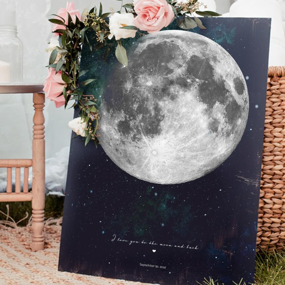 Romantic moon and stars print with pink roses