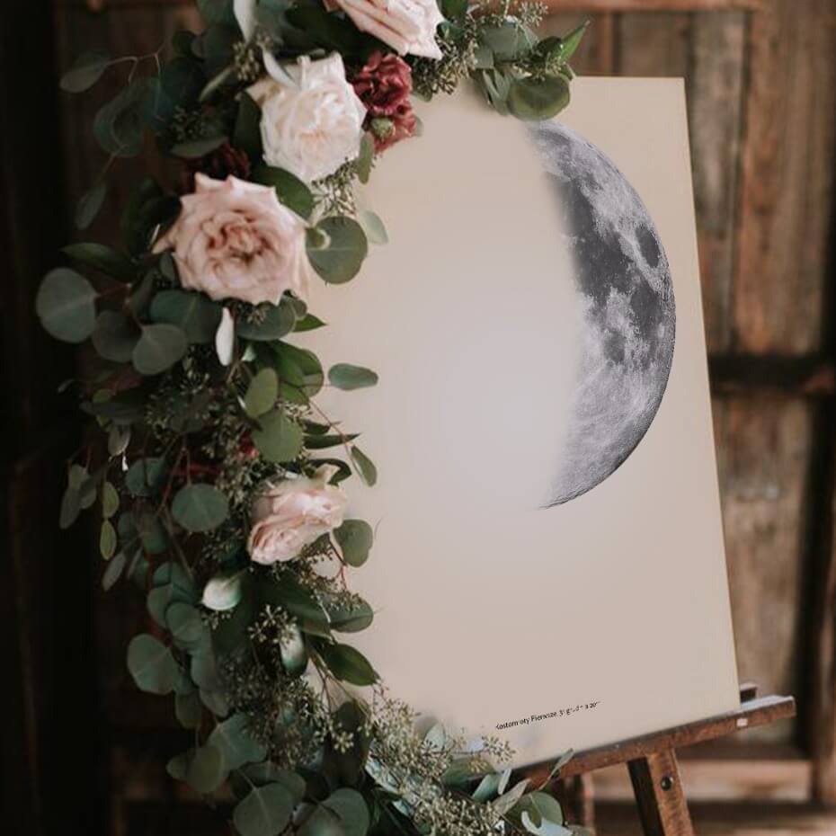 Floral roses eucalyptus moon art on wooden easel decor