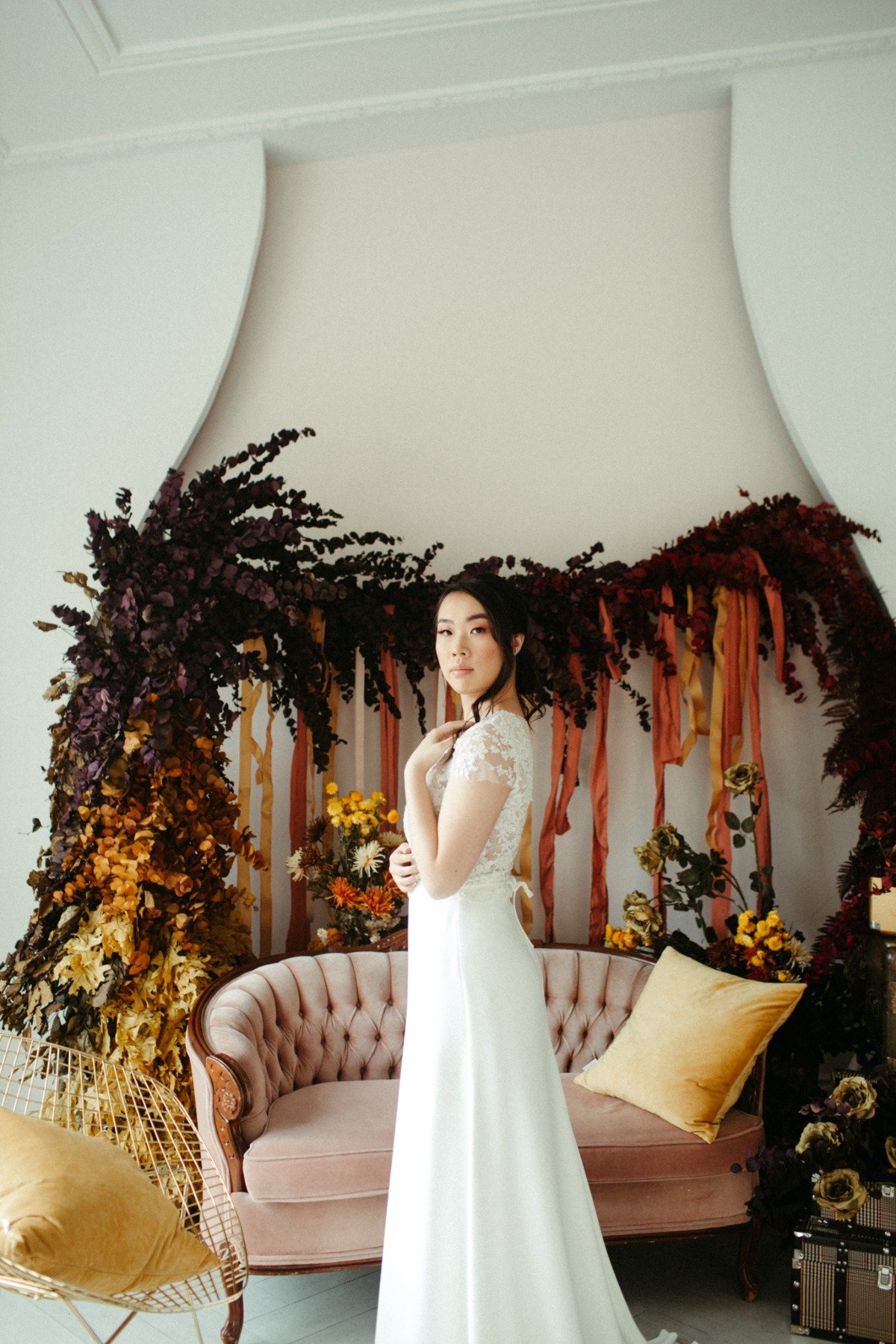 Clean and Natural Wedding Inspiration with Bold Florals & Velvet Couches