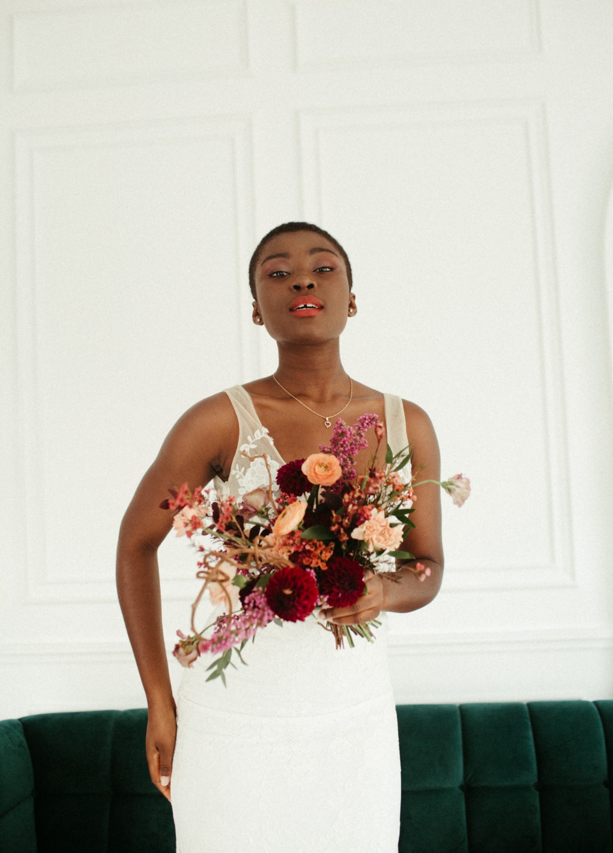 Clean and Natural Wedding Inspiration with Bold Florals & Velvet Couches