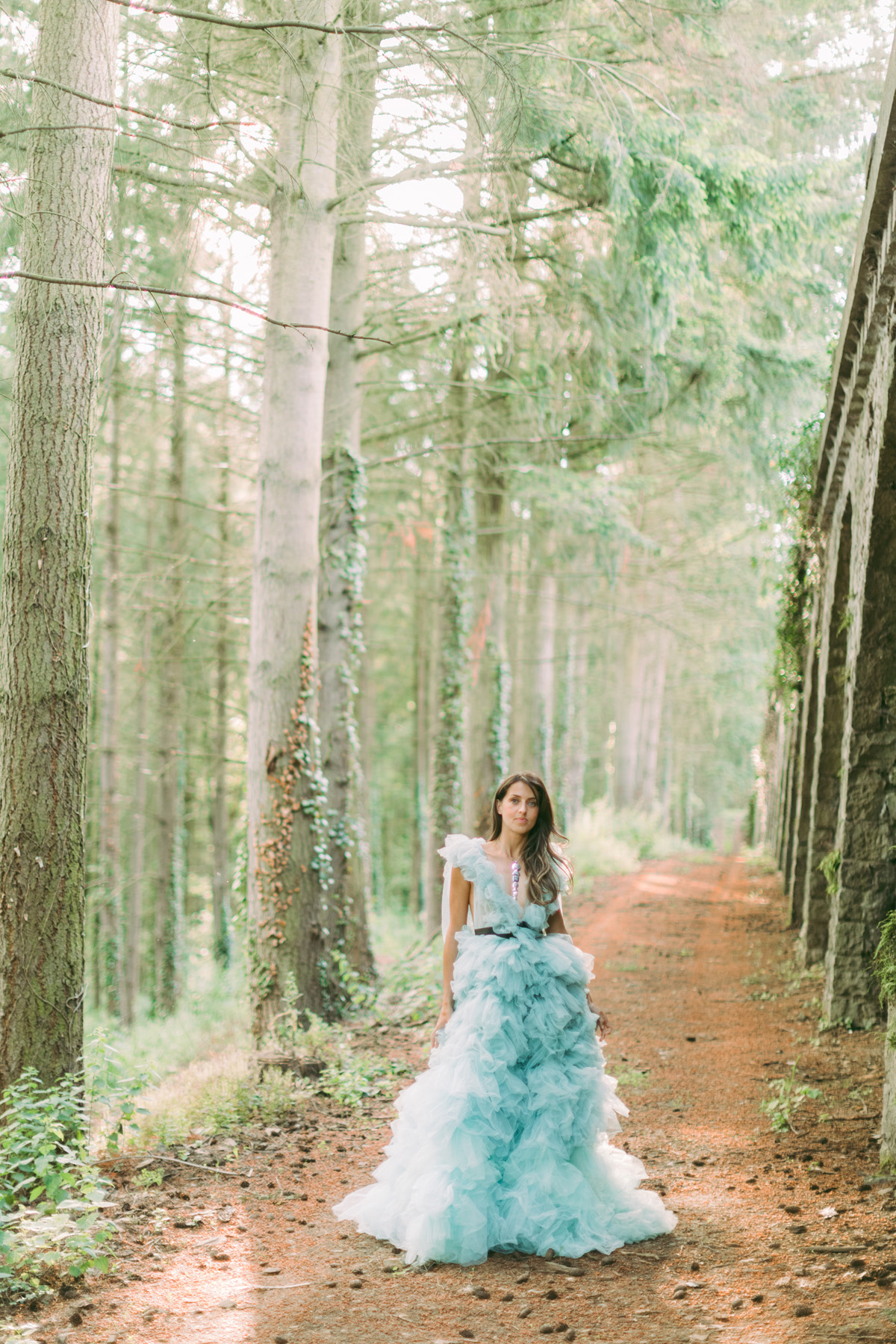 Woman in blue gown stands in enchanting forest path
