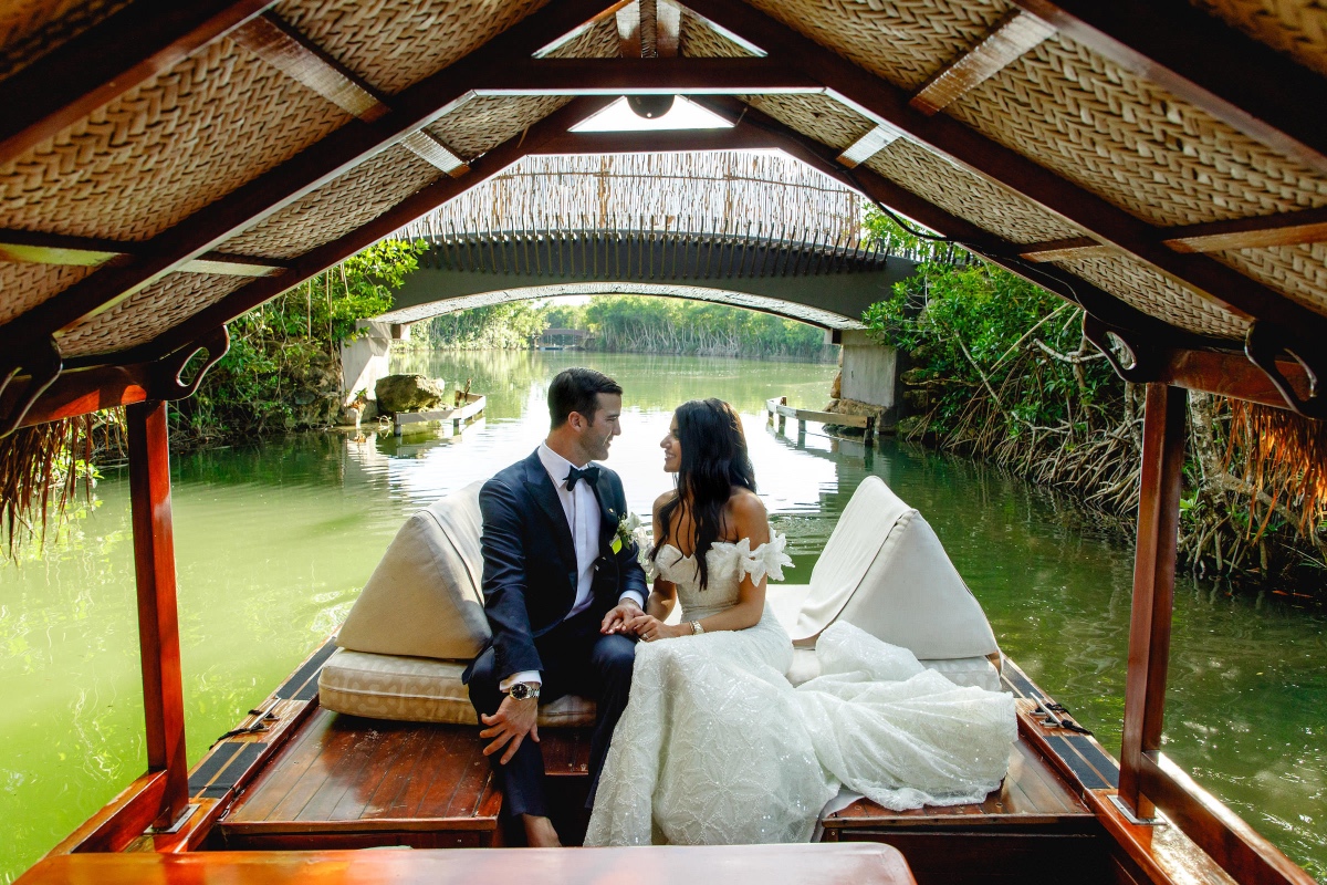 Romantic river boat ride for bride and groom wedding