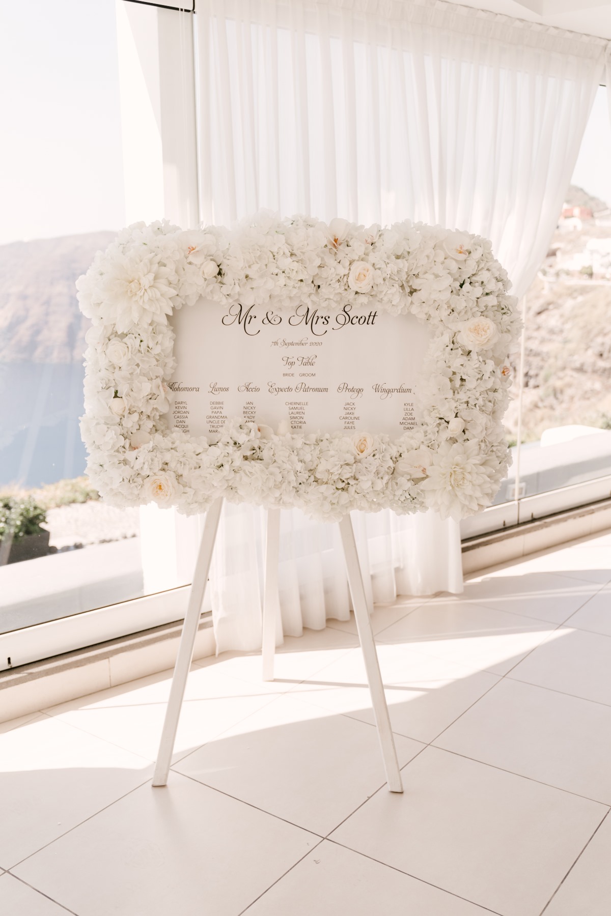 Elegant floral wedding seating chart for Mr and Mrs Scott