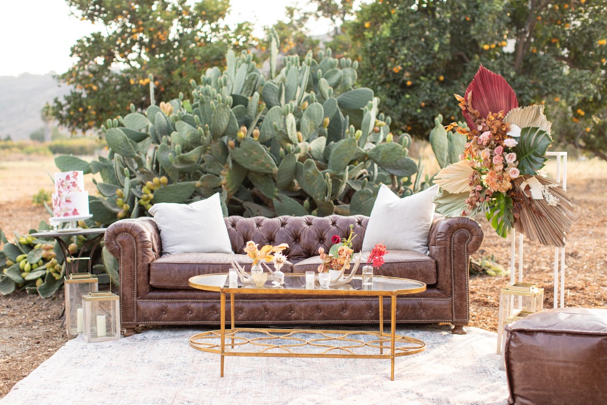 Boho outdoor lounge with cactus backdrop and decorative wedding elements