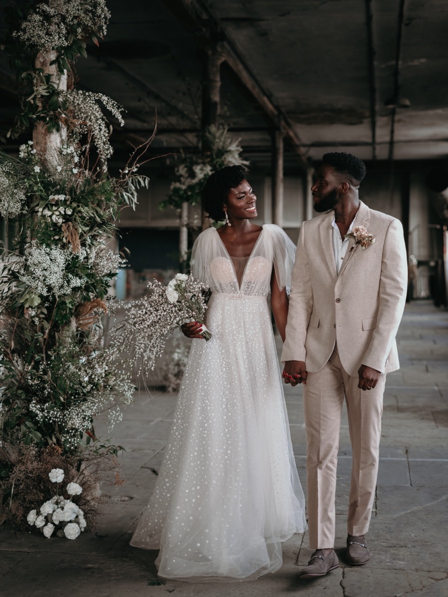 Industrial Wedding Venue with A Sequined Berta Dress