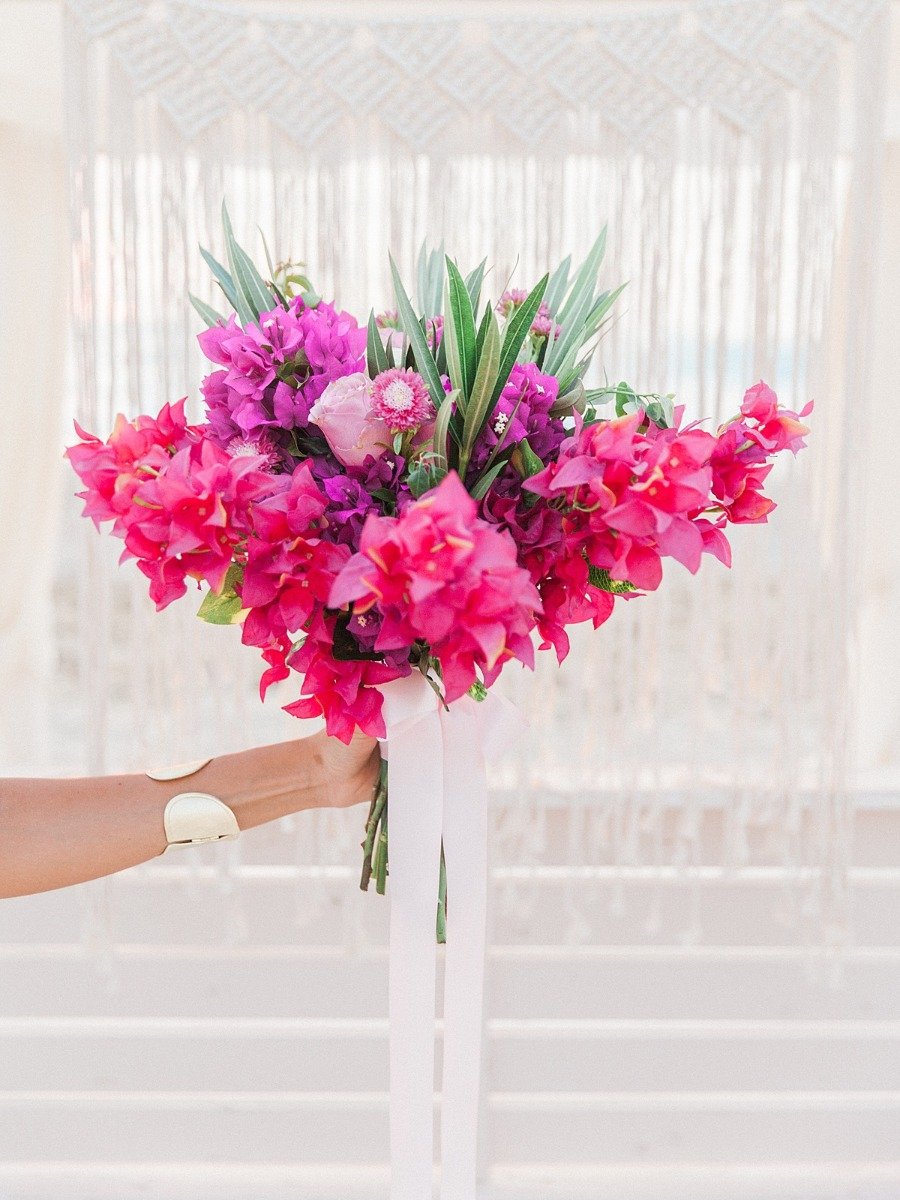 Modern Beach Wedding Inspiration In Greece with Vibrant Pink Bougainvillea Florals