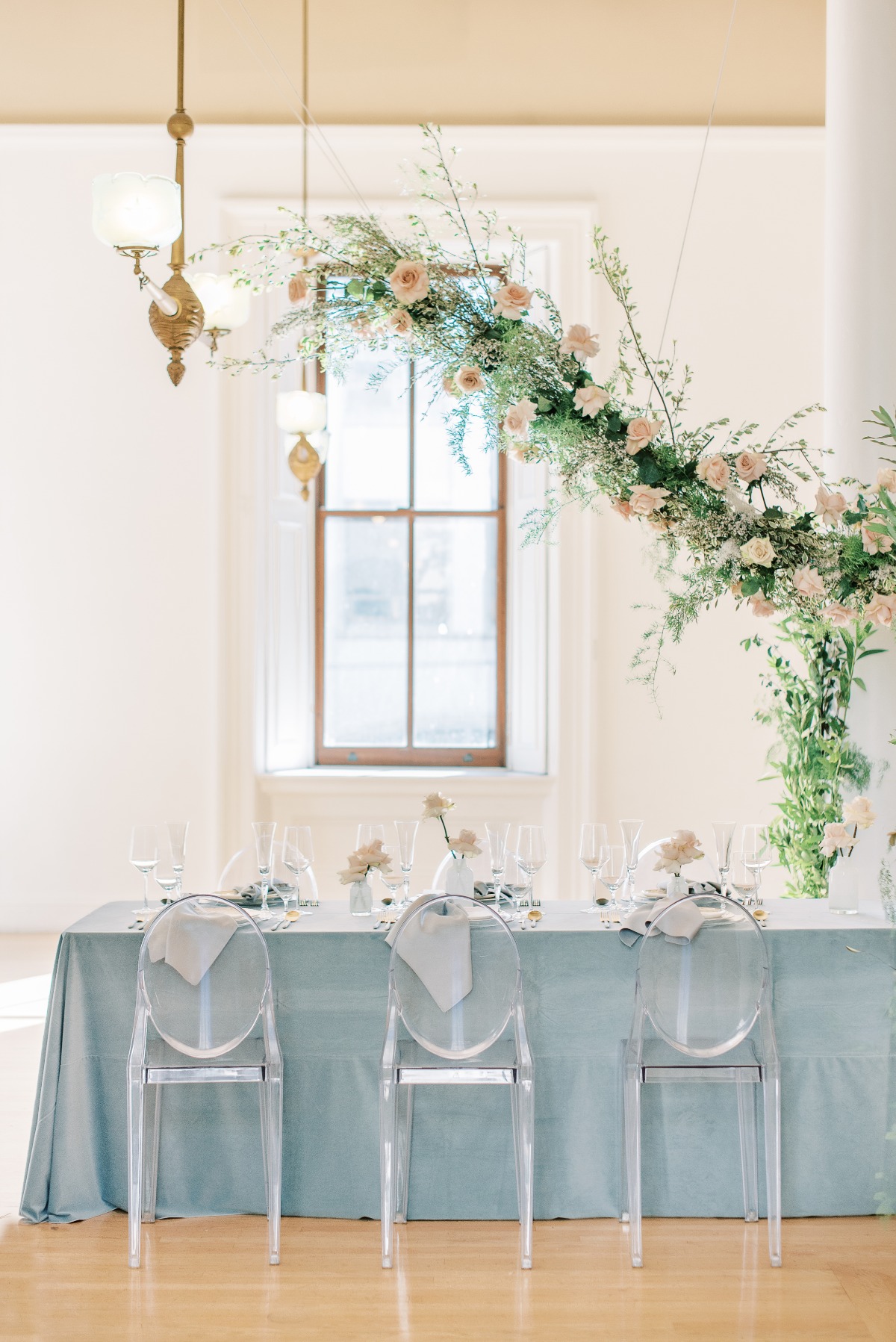 Elegant wedding reception table with floral decorations