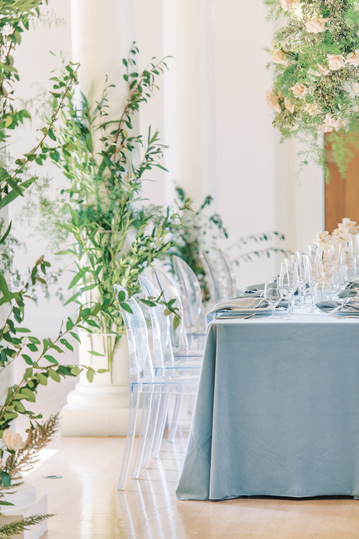 Elegant wedding reception table with floral decorations