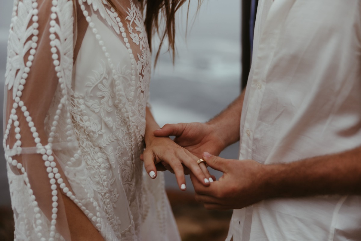 Man putting a ring on womans finger during a wedding ceremony