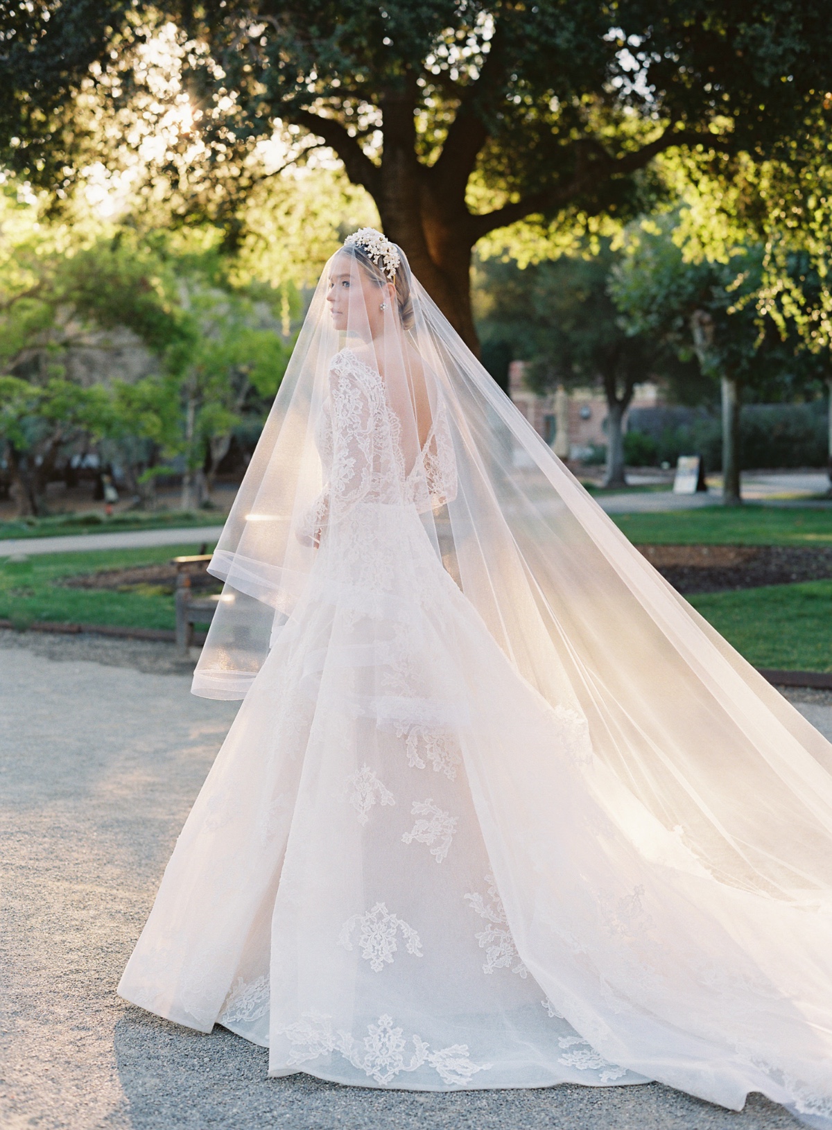Elegant bride in lace wedding dress and flowing veil outdoors