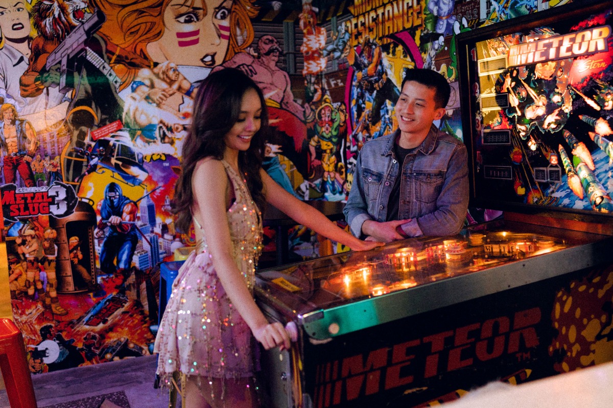 Disco Themed Engagement Shoot At A Neon Arcade