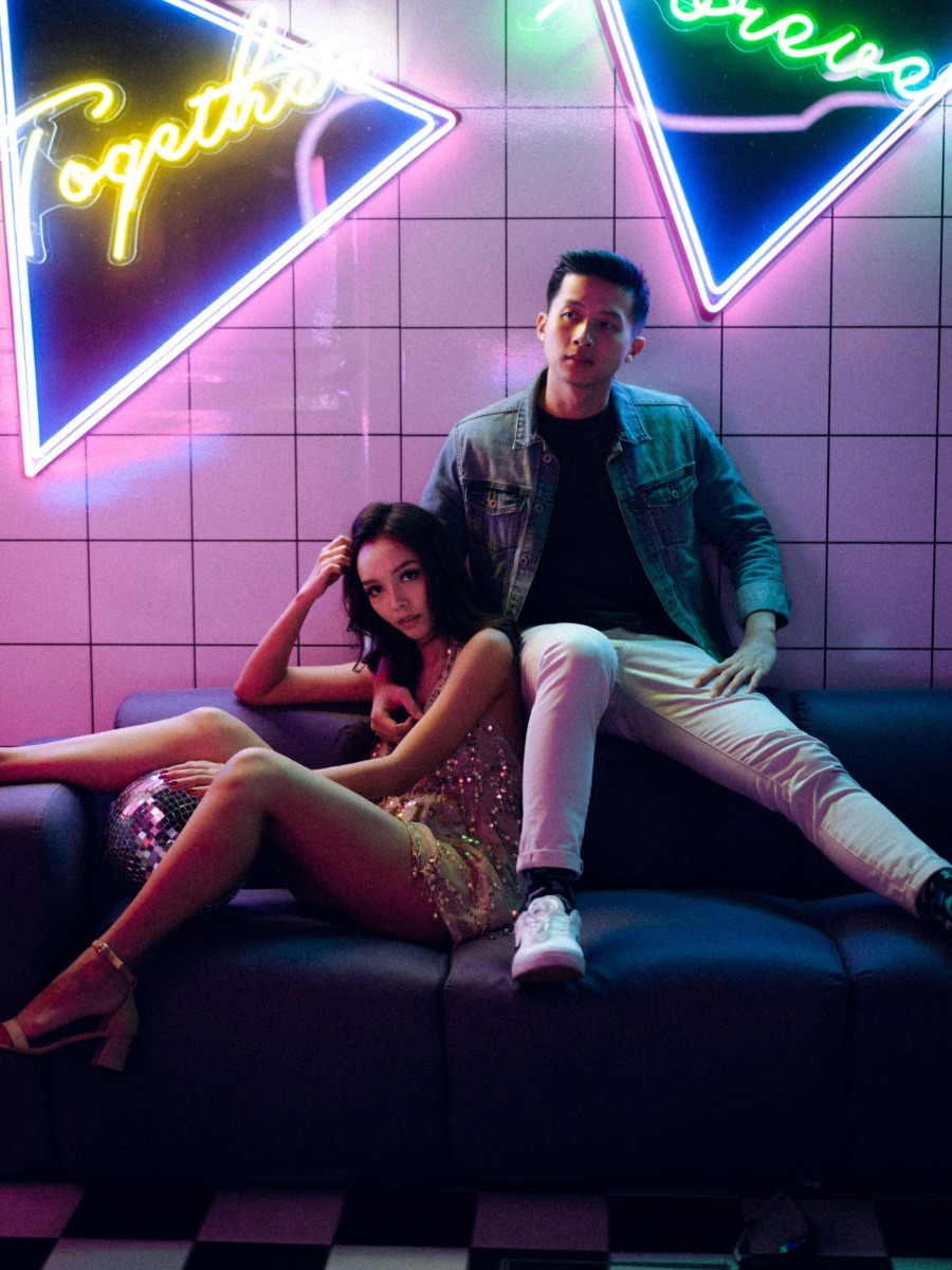 Disco Themed Engagement Shoot At A Neon Arcade