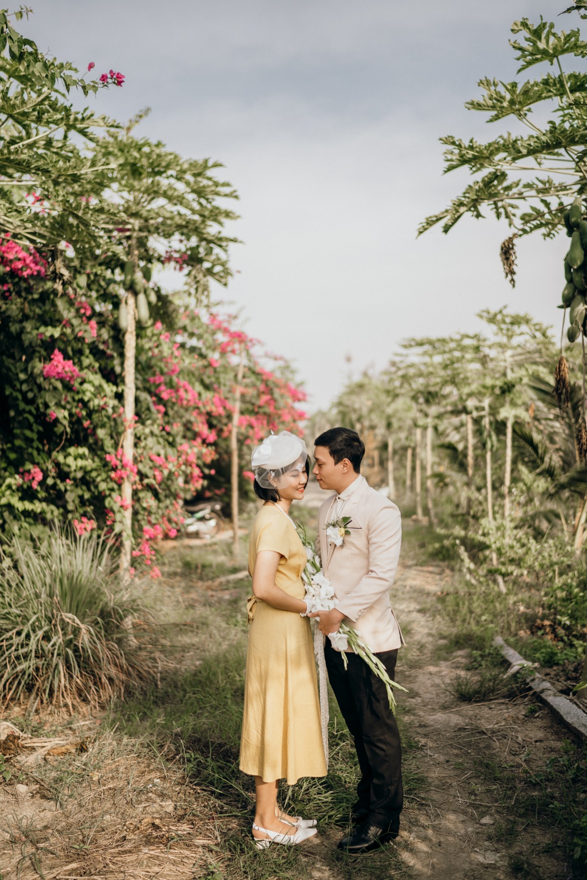Couple celebrating wedding in scenic outdoor setting