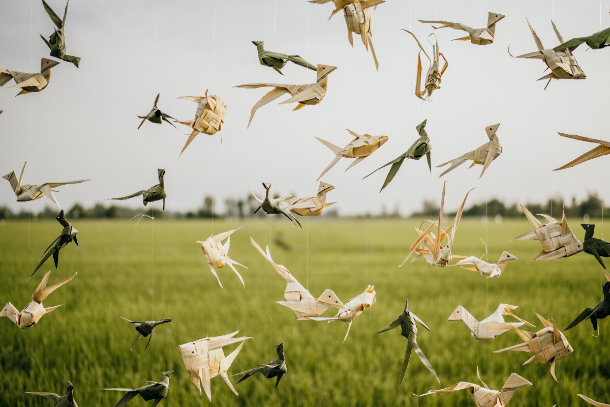 Woven palm leaf bird and fish decorations outdoors