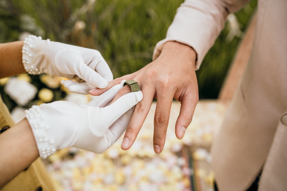 Putting a wedding ring on a finger during a ceremony