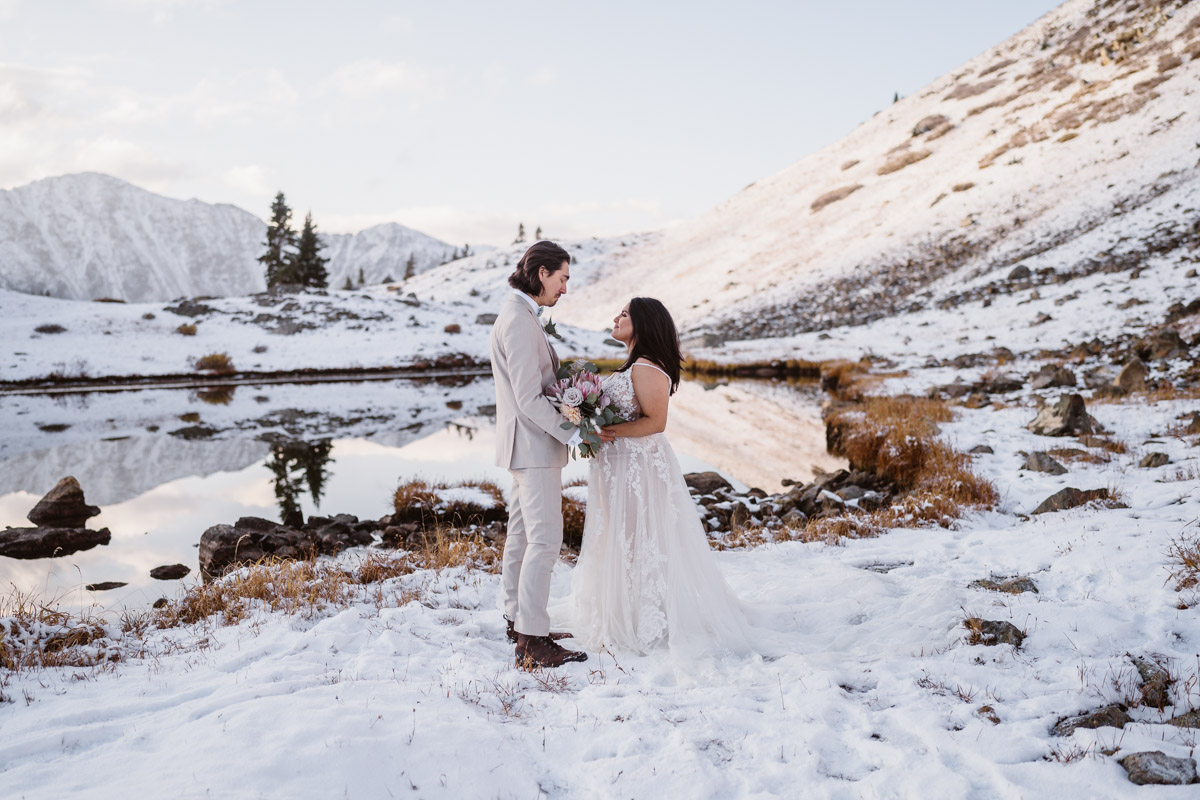 Couple at snowy mountain wedding with lake in background