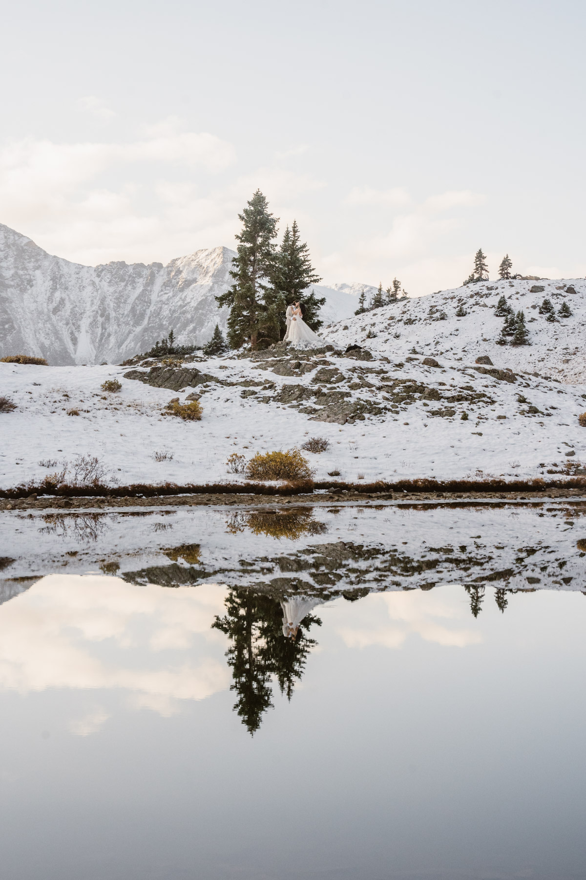 Bride and groom in snowy mountains reflected in a lake
