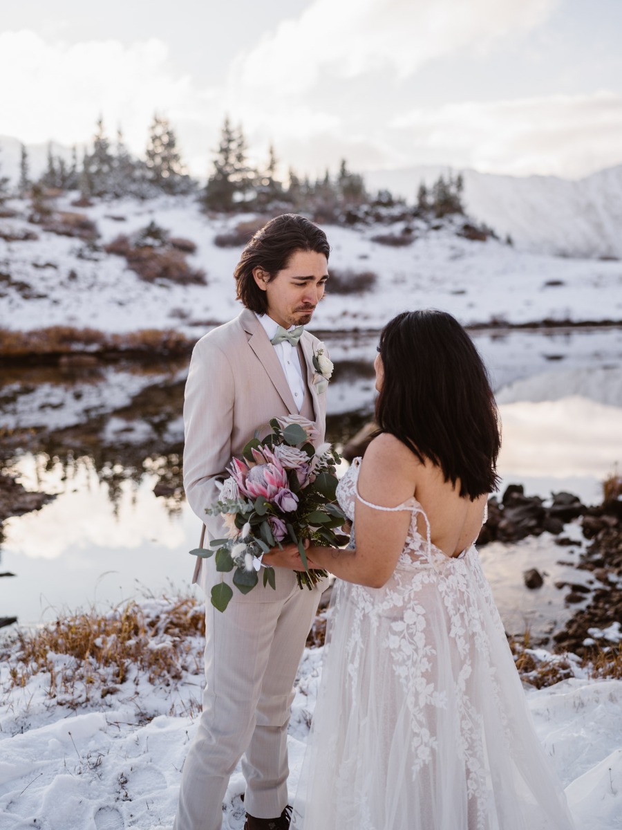 Mountaintop Elopement In Colorado During The First Snowfall