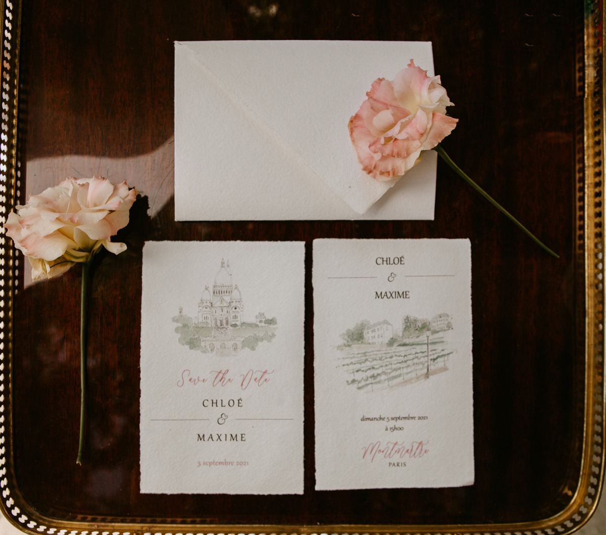 Wedding invitations with watercolor illustrations and flowers