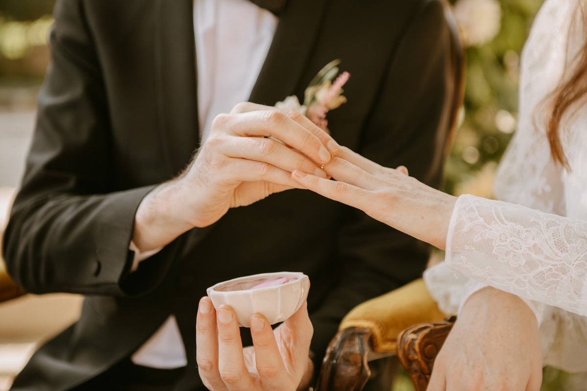 Groom putting the ring on the bride during a wedding ceremony