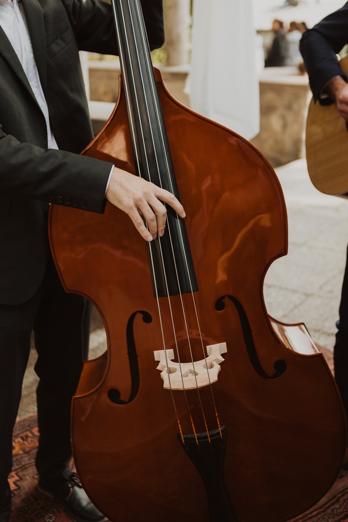 A musician plays the double bass in an outdoor performance