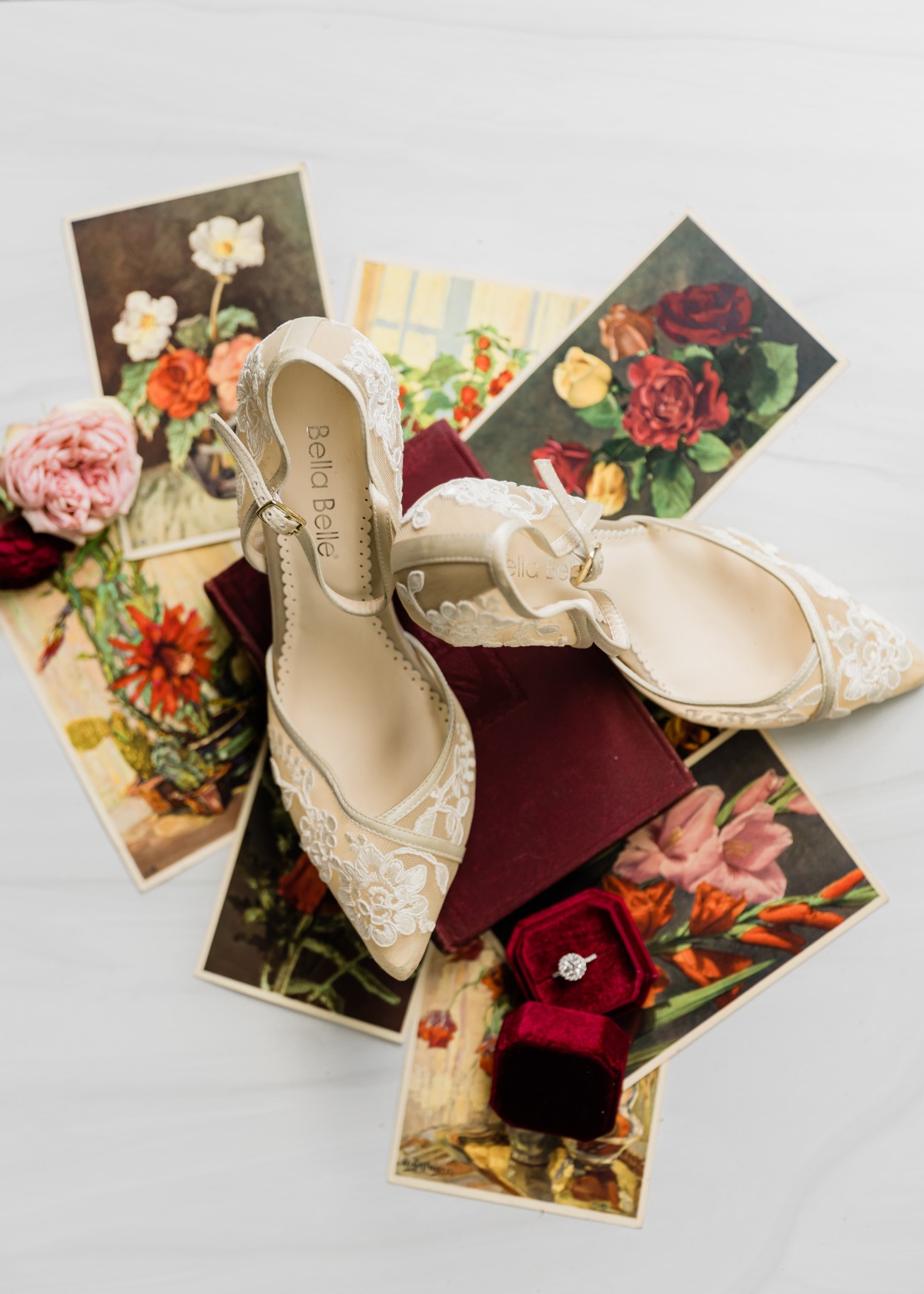 Elegant lace wedding shoes with engagement ring detail
