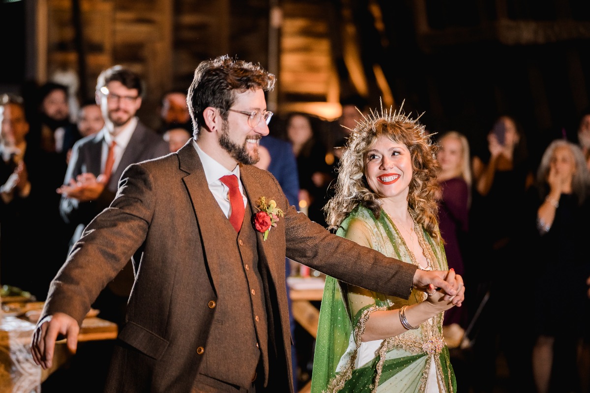 Wedding couple shares a happy moment, dancing the night away together