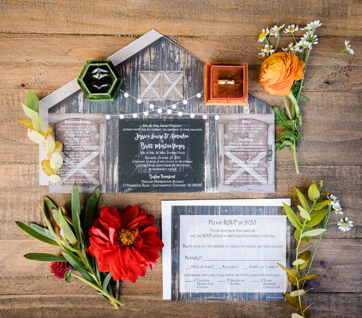 Wedding invitation design with rings and floral arrangement