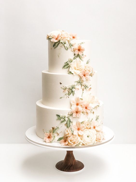Three tier wedding cake with delicate floral decorations