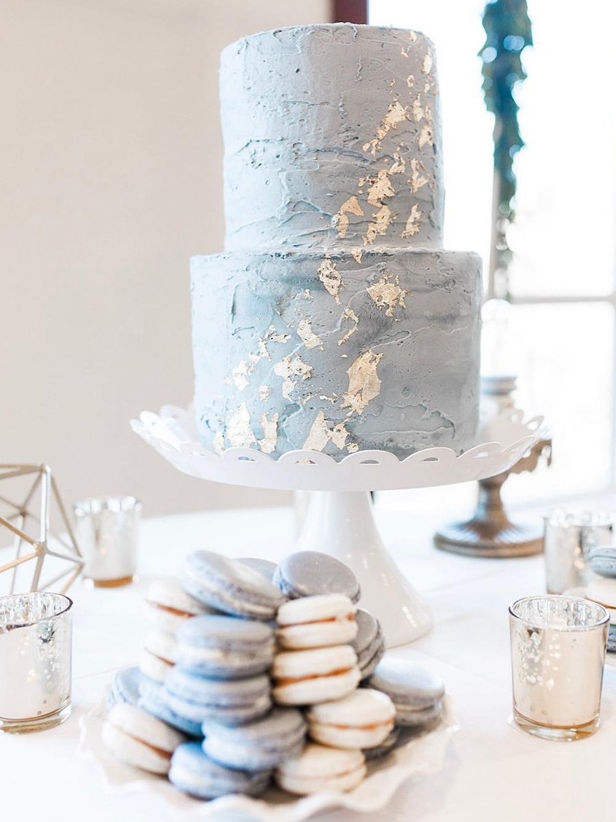 Blue wedding cake with silver foli