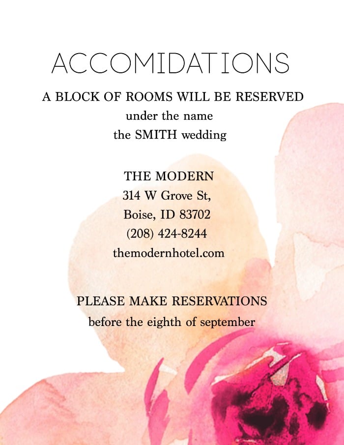 Free Modern Printable Watercolor Wedding Accomidations Card