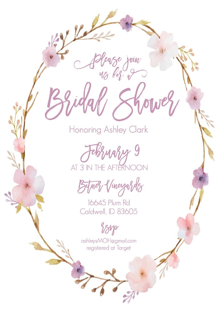 Floral Wreath Free Printable Bridal Shower Invitations