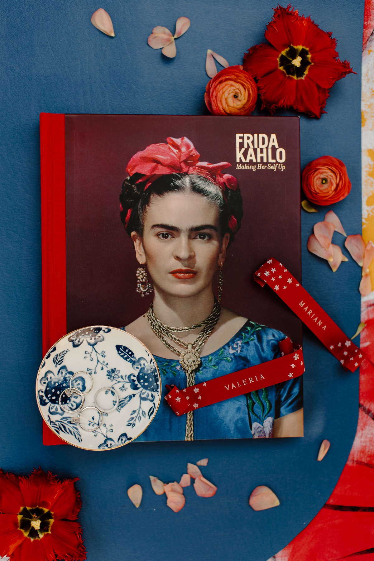 Frida Kahlo art book rings flowers and wedding details