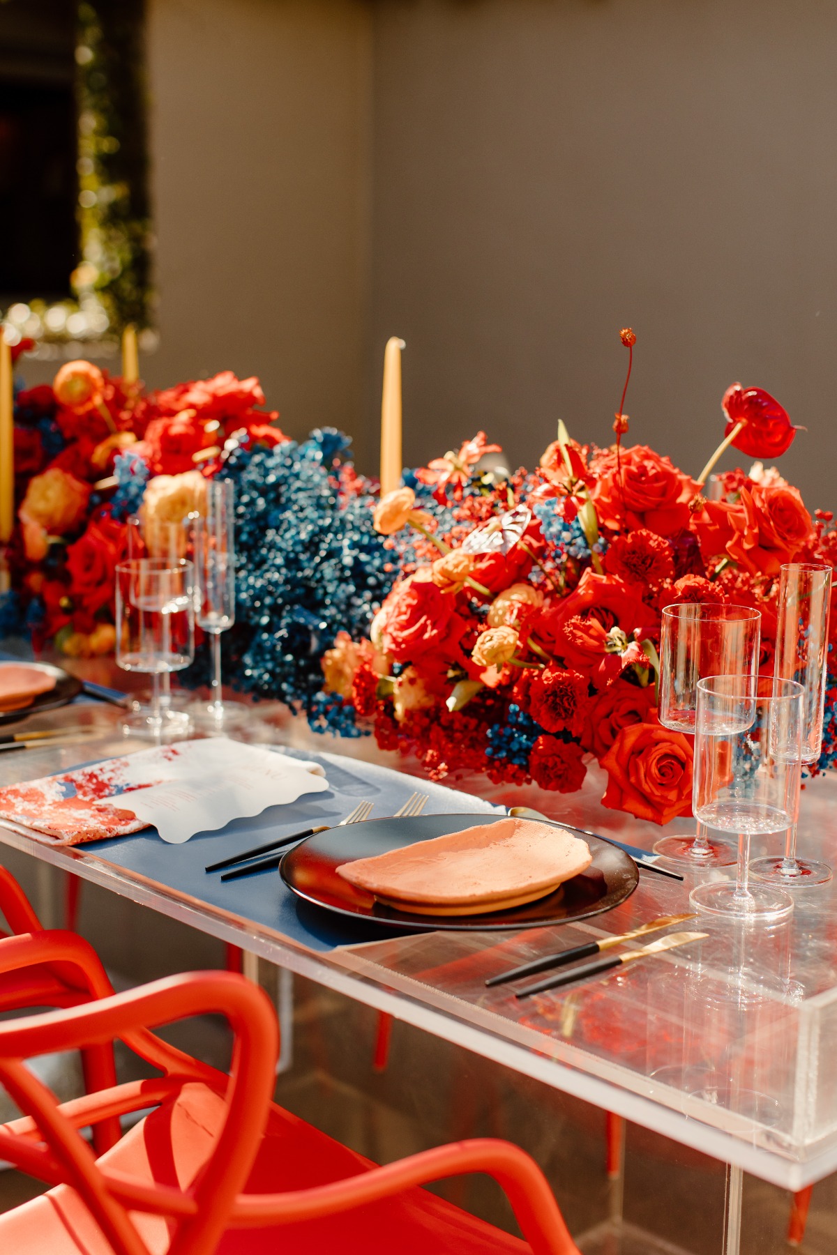 Elegant floral centerpiece on modern dining table setting